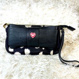 Betsey Johnson Silk Black and White Polka Dotted Wristlet Big Black Bow